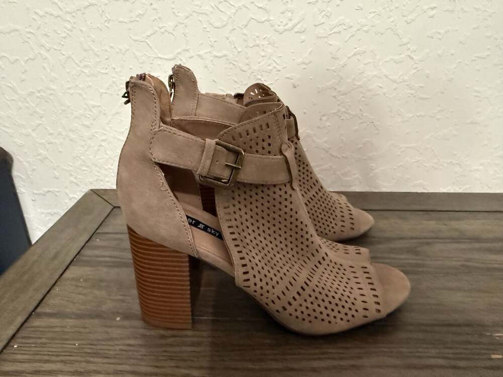 Parker & Sky Taupe Suede Perforated Peep Toe Block Heel Ankle Booties